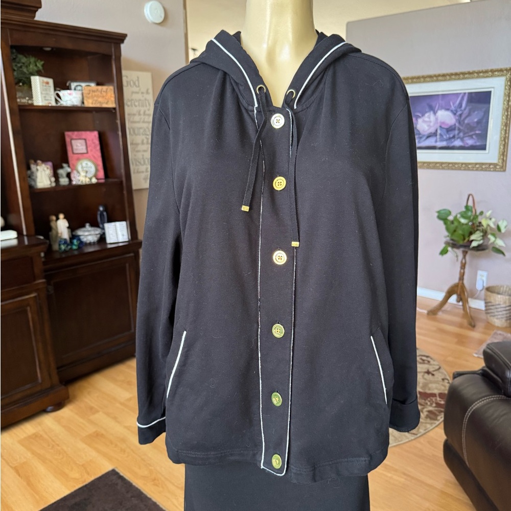 Karen Scott black w/white trim hoodie sweater/jacket-size XL